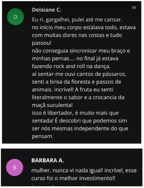 Comentários de alunas na área de membros